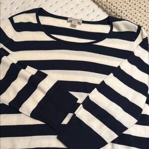 LOFT Striped Navy and Cream Crew Neck Sweater